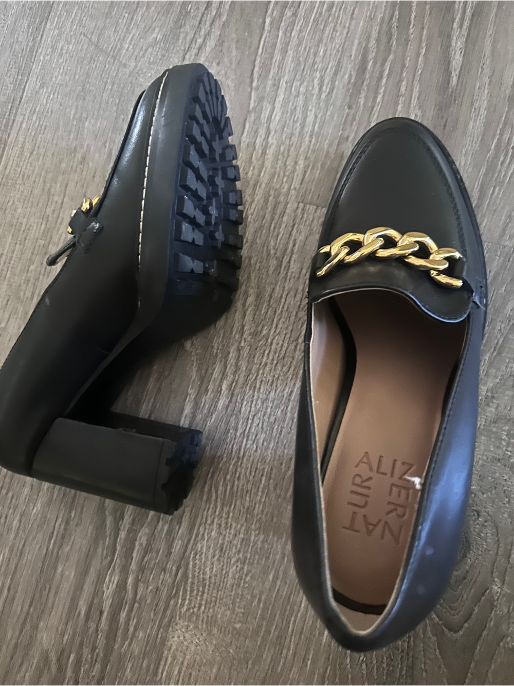 Black Chain-Accent Block Heel Loafers naturalizer